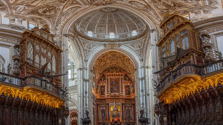 Cordoba, Spain - Jun 10, 2019: Panoramic view of High Altar and Pipe Organs at MosqueâCathedral of Cordoba - Cordoba, Andalusia, Spainのeditorial素材