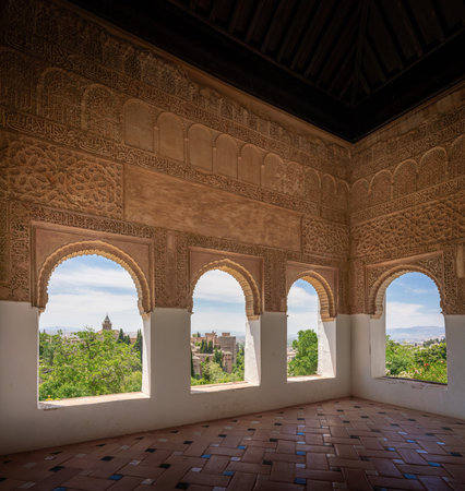 Granada, Spain - Jun 5, 2019: Generalife Palace Lookout with views of Alhambra - Granada, Andalusia, Spainのeditorial素材