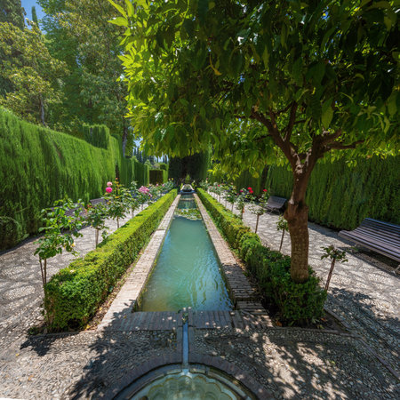 Granada, Spain - Jun 5, 2019: New Gardens at Generalife Gardens of Alhambra - Granada, Andalusia, Spainのeditorial素材
