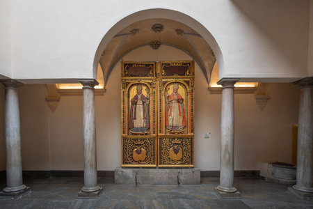 Granada, Spain - Jun 6, 2019: Interior Courtyard of Madrasa Palace (Palacio de la Madraza) with door of Saints Caecilius and Gregory of Elvira - Granada, Andalusia, Spainのeditorial素材