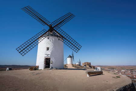 Windimills and Consuegra Castle (Castle of La Muela) at Cerro Calderico - Consuegra, Castilla-La Mancha, Spainのeditorial素材