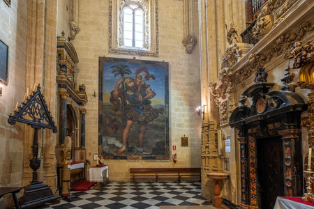 Arcos de la Frontera, Spain - Apr 10, 2019: Saint Christopher Image at Minor Basilica of Santa Maria - Arcos de la Frontera, Cadiz, Spainのeditorial素材