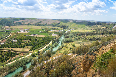 Aerial view of Guadalete River and Valley - Arcos de la Frontera, Cadiz, Spainの写真素材