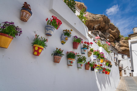Colorful flower pots and rock overhangs - Setenil de las Bodegas, Andalusia, Spainの写真素材