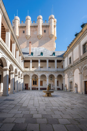 Segovia, Spain - Mar 14, 2019: Patio de Armas Courtyard and Tower of John II of Castile (Juan II) at Alcazar of Segovia - Segovia, Spainのeditorial素材