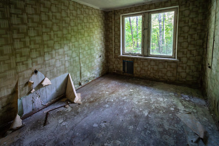 Interior of abandoned Room with wallpaper at Living Apartments of Duga Radar Village - Chernobyl Exclusion Zone, Ukraineの写真素材