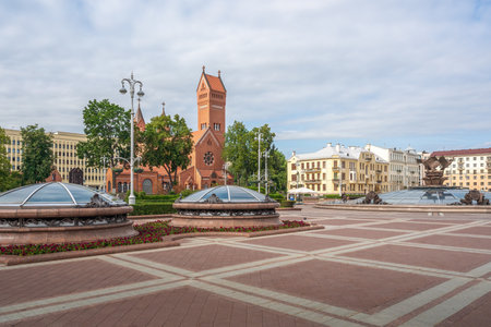 Independence Square and Church of Saints Simon and Helena - Minsk Red Church - Minsk, Belarusの写真素材