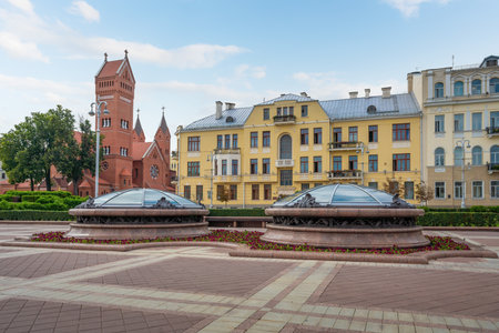 Independence Square and Church of Saints Simon and Helena - Minsk Red Church - Minsk, Belarusの写真素材