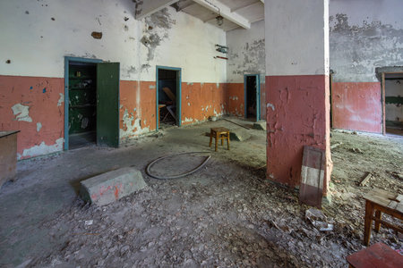 Chernobyl, Ukraine - Aug 06, 2019: Interior of abandoned Fire Station at Duga Radar Village - Chernobyl Exclusion Zone, Ukraineのeditorial素材