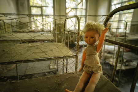 Chernobyl, Ukraine - Aug 06, 2019: Abandoned doll at Kindergarten - Kopachi Village, Chernobyl Exclusion Zone, Ukraineのeditorial素材