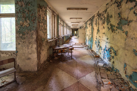 Chernobyl, Ukraine - Aug 07, 2019: Corridor at District 3 School - Pripyat, Chernobyl Exclusion Zone, Ukraineのeditorial素材