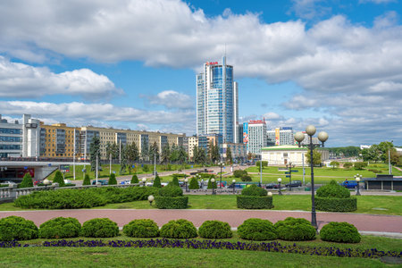 Minsk, Belarus - Jul 31, 2019: Pobeditelei Avenue with Minsk Financial District Modern Buildings - Minsk, Belarusのeditorial素材