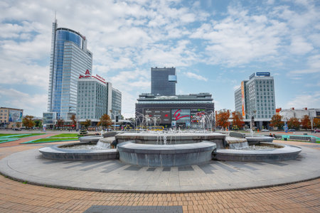 Minsk, Belarus - Aug 02, 2019: Pobeditelei Avenue with Minsk Financial District Modern Buildings and Galleria Minsk Shopping center - Minsk, Belarusのeditorial素材