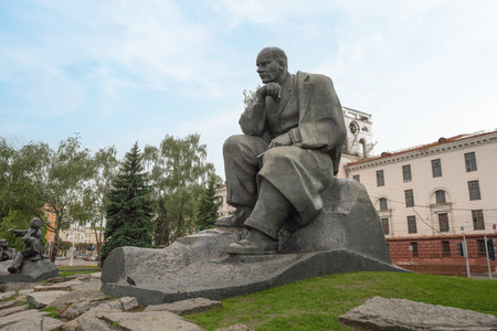 Minsk, Belarus - Aug 01, 2019: Yakub Kolas Monument at Yakub Kolas Square - Minsk, Belarus
