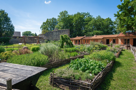 Cesis, Latvia - Jul 21, 2019: Medieval Kitchen Garden at Cesis Castle Medieval Activity Area - Cesis, Latviaのeditorial素材