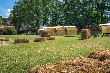 Cesis, Latvia - Jul 21, 2019: Bales of hay at Cesis Castle Medieval Activity Area - Cesis, Latviaのeditorial素材