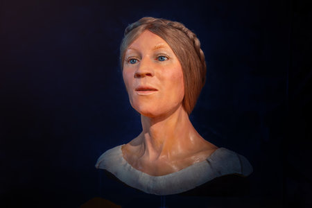 Cesis, Latvia - Jul 21, 2019: Historical facial reconstruction of a Livonian woman who lived in the Medieval castle during 1577 siege at Cesis New Castle - Cesis, Latviaのeditorial素材