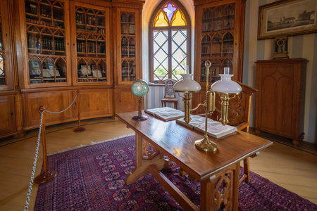 Cesis, Latvia - Jul 21, 2019: Count Sievers Library at Lademaher Tower of Cesis New Castle - Cesis, Latviaのeditorial素材