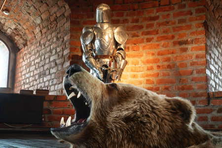 Kaunas, Lithuania - Jul 26, 2019: Bear Rug and Full Plate Armor at Kaunas Castle Interior - Kaunas, Lithuaniaのeditorial素材