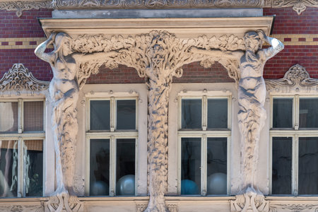 Riga, Latvia - Jul 13, 2019: Art nouveau Style Building in Riga Old Town with Masonic Compass Symbol - Riga, Latviaのeditorial素材