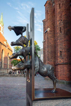 Riga, Latvia - Jul 13, 2019: Bremen Town Musicians Sculpture by Krista Baumgaertel - Riga, Latviaのeditorial素材