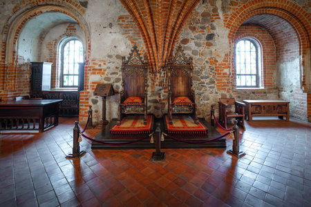 Trakai, Lithuania - Jul 24, 2019: Great Hall with Thrones at Trakai Island Castle Interior - Trakai, Lithuaniaのeditorial素材
