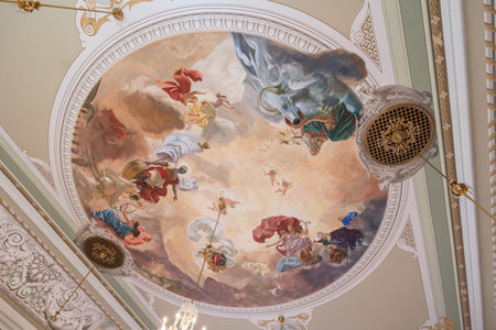 Riga, Latvia - Jul 13, 2019: Ceiling Apotheosis of Saint Maurice fresco at Celebration Hall of the House of the Black Heads Interior - Riga, Latviaのeditorial素材