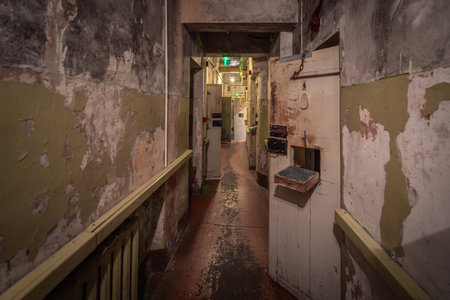 Riga, Latvia - Jul 17, 2019: Prison Corridor at Corner House - Occupation Museum - former KGB headquarters - Riga, Latviaのeditorial素材