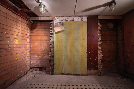 Riga, Latvia - Jul 17, 2019: Execution Chamber with marked bullet holes at Corner House - Occupation Museum - former KGB headquarters - Riga, Latviaのeditorial素材