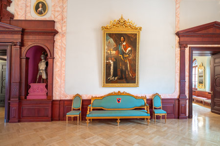 Riga, Latvia - Jul 13, 2019: Celebration Hall at House of the Black Heads Interior with Portrait of Peter the Great - Riga, Latviaのeditorial素材