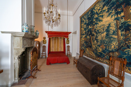 Elsinore, Denmark - Jun 27, 2019: Bedroom at Frederik V Apartments of Kronborg Castle - Helsingor, Denmarkのeditorial素材