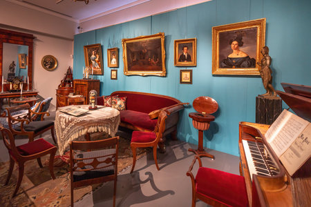 Helsinki, Finland - Jul 02, 2019: Romanticism Living Room in Biedermeier Style at National Museum of Finland - Helsinki, Finlandのeditorial素材