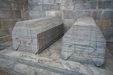 Roskilde, Denmark - Jun 25, 2019: Christian X and Queen Alexandrine Stone Coffins - Glucksburger...