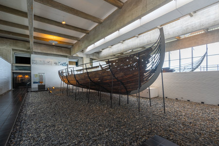 Roskilde, Denmark - Jun 25, 2019: Skuldelev 1 Ship at Viking Ship Museum Interior - Roskilde, Denmarkのeditorial素材