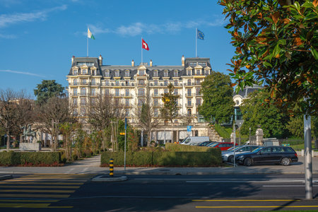 Lausanne, Switzerland - Dec 04, 2019: Beau-Rivage Palace Hotel at Ouchy Promenade - Lausanne, Switzerlandのeditorial素材