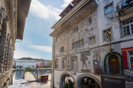 Lucerne, Switzerland - Nov 27, 2019: Fresco of Pfistern Guild Hall at Kornmarkt Square - Lucerne, Switzerlandのeditorial素材