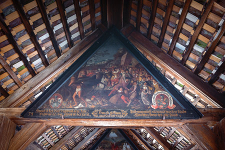 Lucerne, Switzerland - Nov 27, 2019: Paintings depicting a Danse Macabre allegory at Spreuer Bridge - Lucerne, Switzerlandのeditorial素材