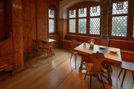 Zurich, Switzerland - Nov 20, 2019: Antique Wooden Bed Chamber at Swiss National Museum - Zurich, Switzerlandのeditorial素材