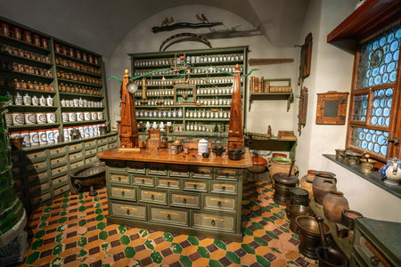 Zurich, Switzerland - Nov 20, 2019: Antique Monastery Pharmacy at Swiss National Museum - Zurich, Switzerlandのeditorial素材