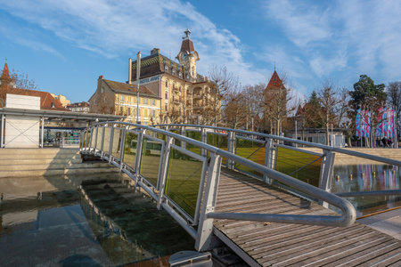 Lausanne, Switzerland - Dec 04, 2019: Place de la Navigation Square and Hotel Aulac Building - Lausanne, Switzerlandのeditorial素材