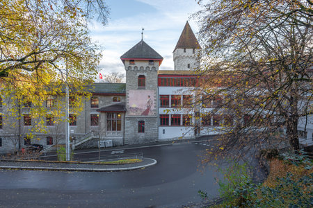 Lucerne, Switzerland - Nov 27, 2019: Former Museum of Peace and War now a public school and Dachliturm Tower - Lucerne, Switzerlandのeditorial素材