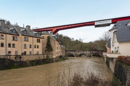 Luxembourg City, Luxembourg - Feb 3, 2020: Grand Duchess Charlotte Bridge and Alzette River - Luxembourg City, Luxembourgのeditorial素材