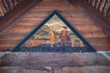 Lucerne, Switzerland - Nov 27, 2019: Paintings depicting a Danse Macabre allegory at Spreuer Bridge - Lucerne, Switzerlandのeditorial素材