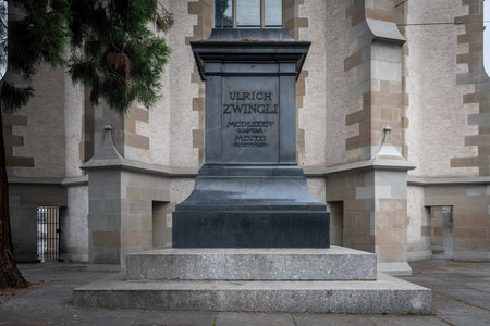 Zurich, Switzerland - Nov 21, 2019: Zwingli Monument Pedestal at Wasserkirche Church - Zurich, Switzerlandのeditorial素材