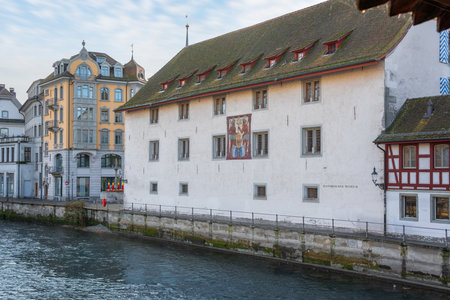 Lucerne, Switzerland - Nov 27, 2019: Museum of History and River Reuss - Lucerne, Switzerlandのeditorial素材