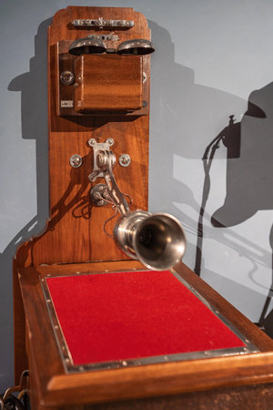 Vaduz, Liechtenstein - Nov 17, 2019: Old Wooden Wall Telephone at Liechtenstein National Museum - Vaduz, Liechtensteinのeditorial素材