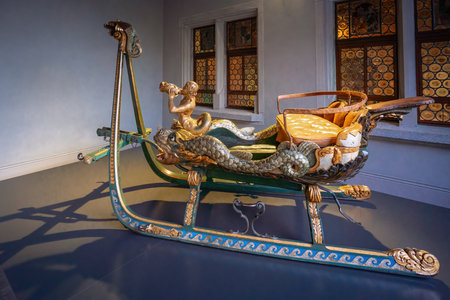 Zurich, Switzerland - Nov 20, 2019: Luxury Ceremonial Sleigh at Swiss National Museum - Zurich, Switzerlandのeditorial素材