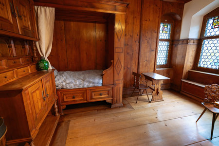 Zurich, Switzerland - Nov 20, 2019: Antique Wooden Bed Chamber at Swiss National Museum - Zurich, Switzerlandのeditorial素材