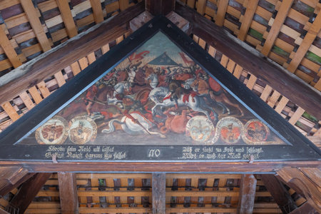 Lucerne, Switzerland - Nov 27, 2019: Ebroin falls in battle - Painting depicting events from Lucerne history at Chapel Bridge (Kapellbrucke) - Lucerne, Switzerlandのeditorial素材
