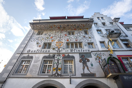 Lucerne, Switzerland - Nov 27, 2019: Fresco of Pfistern Guild Hall at Kornmarkt Square - Lucerne, Switzerlandのeditorial素材